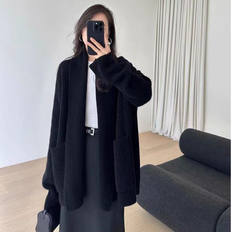 Lazy gentle temperament, mid length scarf collar jacket for women, 2024 autumn and winter loose fit slimming knit_voghion.com