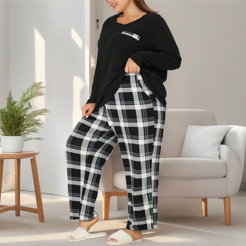 Pigiama a maniche lunghe in seta di latte taglie forti da donna, pantaloni con stampa scozzese, abbigliamento da casa, può essere indossato anche all'esterno._voghion.com