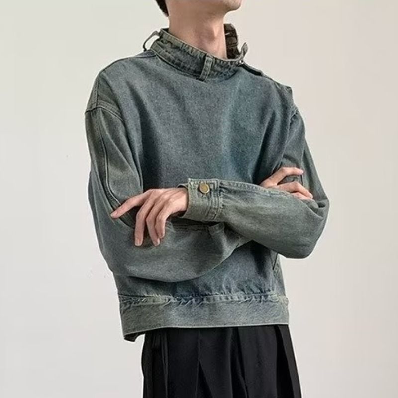 Erkek Giyim Vintage Yıpranmış Motosiklet Kot Yıkanmış Kişiselleştirilmiş Düğme Yaka Dik Yaka Moda Rahat Birleştirme Ceket_voghion.com