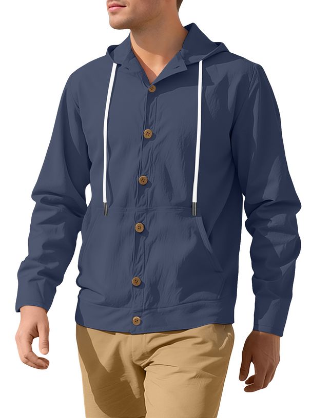 Spring And Autumn Men's Button Down Shirt Loose Linen Casual Simple Beach Hooded Long Sleeved Jacket_voghion.com