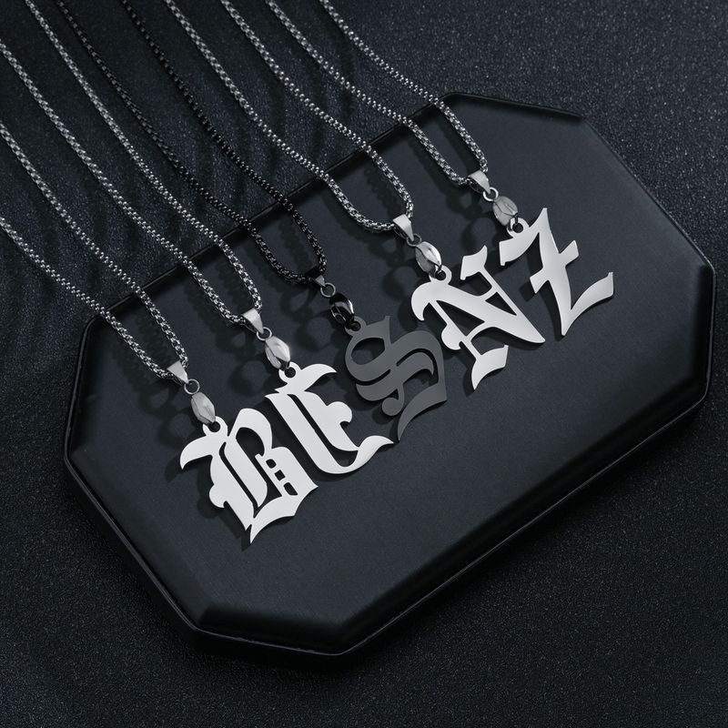 Gothic style last name 26 English letters nameplate necklace pendant simple male and female couple jewelry_voghion.com