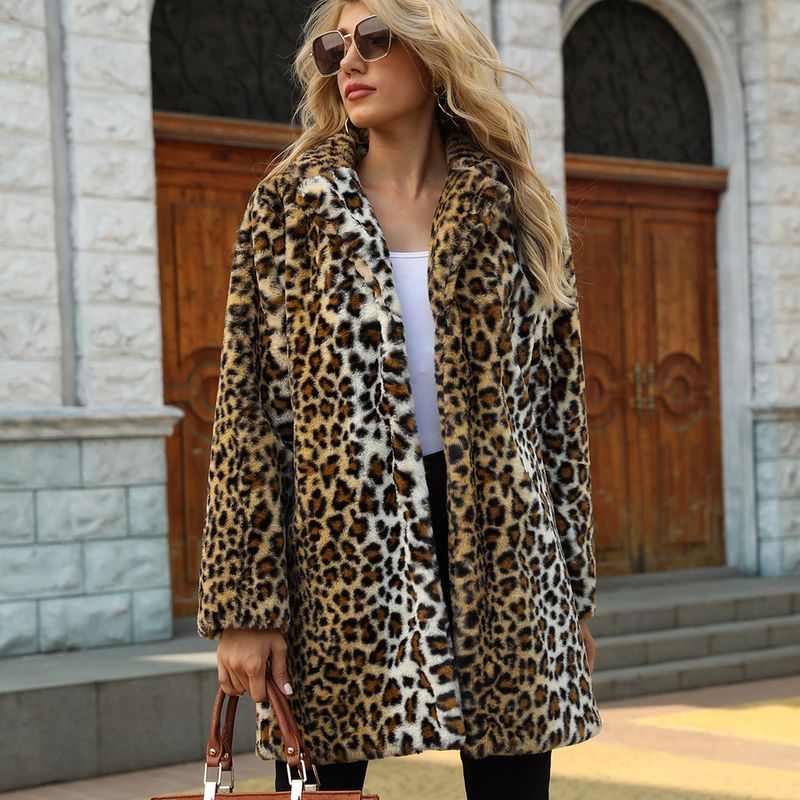 Damen Herbst und Winter neue Leopardenmuster Anzugkragen mittellange Kunstpelzjacke Oberteile für Damen_voghion.com