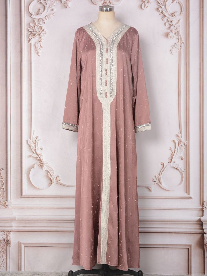 Mt075 Arab Clothing Abaya Women's V-Neck Long Sleeved Elegant Dress_voghion.com