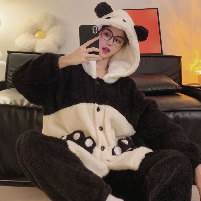 Winterlicher Paar-Schlafanzug mit Kapuze und Cartoon-Panda-Motiv und langen Ärmeln aus dickem Plüsch, Flanell-Hauskleidung für Männer und Frauen_voghion.com