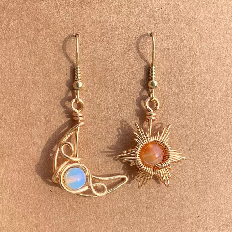 Bohemian wind Sun Moon Earrings European and American fashion moonstone asymmetric earrings female_voghion.com