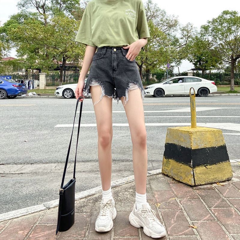 Perforated denim shorts for women's summer 2024, new high waisted slimming wide leg spicy girl A-line hot pants, trendy_voghion.com