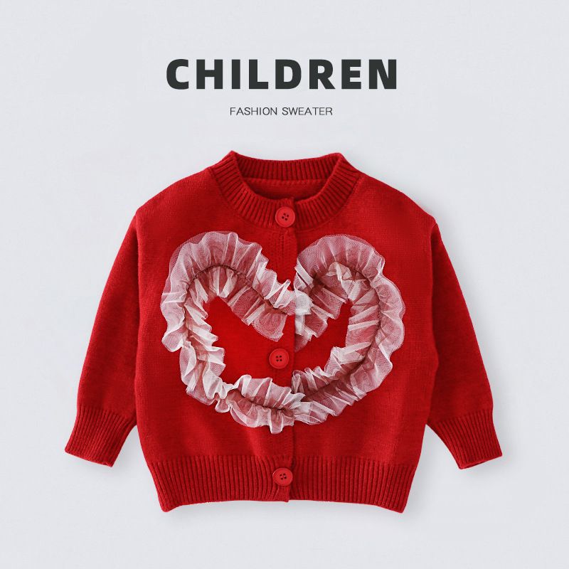 Abbigliamento per bambini Autunno e inverno Maglie a maniche lunghe in maglia Maglietta per neonati Maglietta per bambini Maglione cardigan con pizzo e amore_voghion.com
