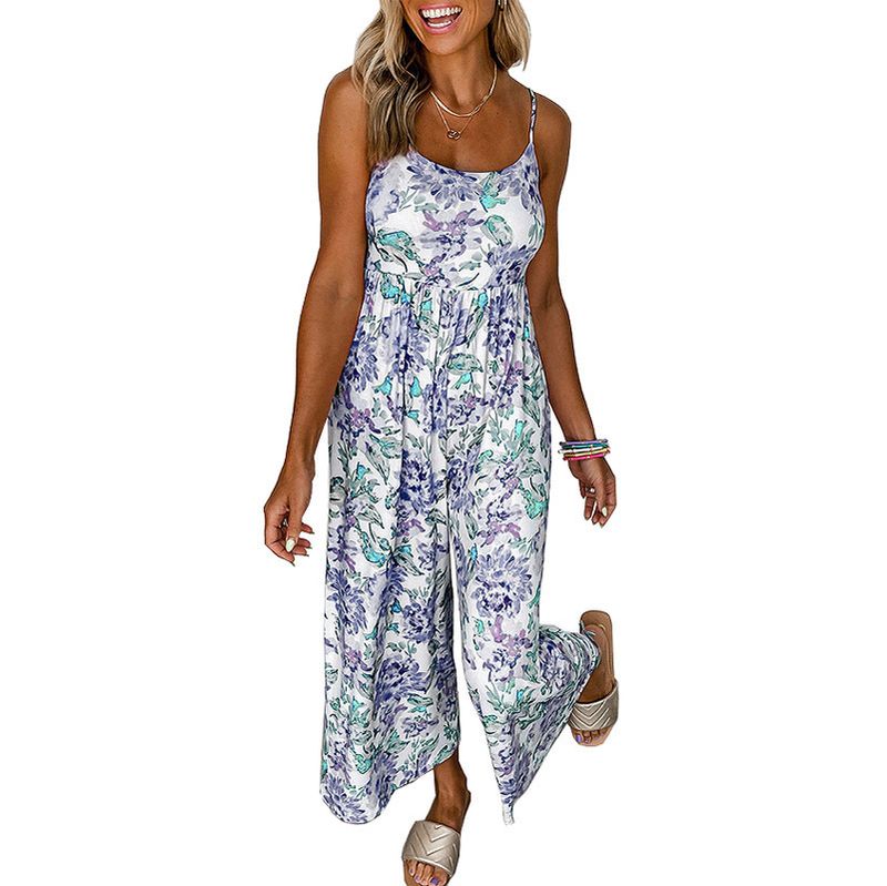 Strap pants 2024 summer high waist wide leg jumpsuit women's floral exposed back_voghion.com