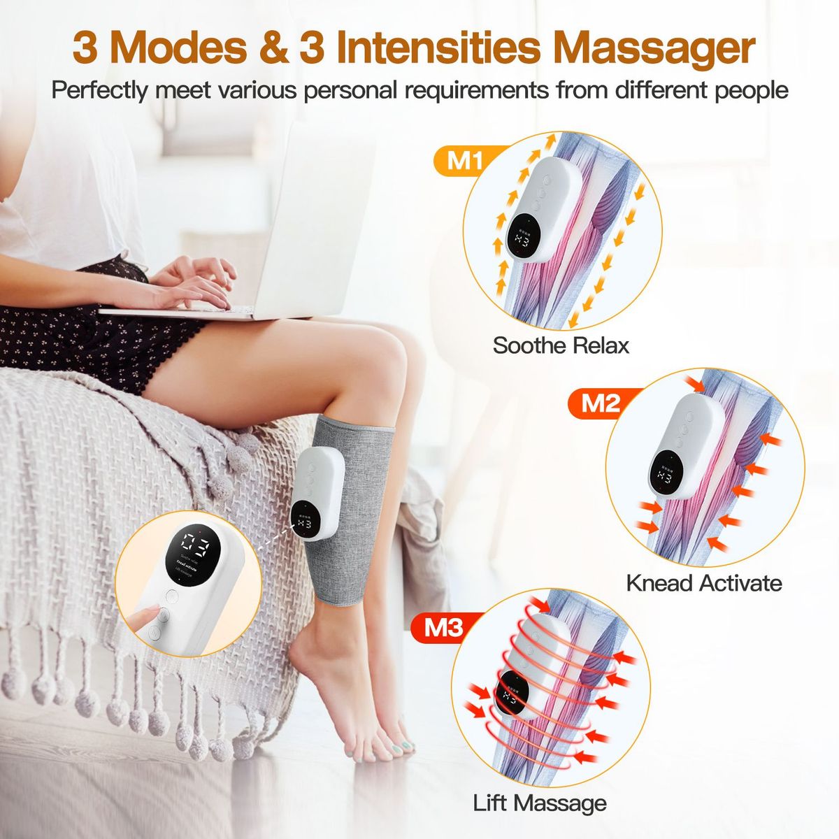 Electric Leg Calf Arm Massager Portable Cordless Rechargeable Air Leg Compression Massage Adjustable Wrap With 3 Modes Intensities Heating Function Pain Relief_voghion.com