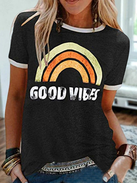 2023 Women's Top GOOD VIBES Rainbow Pattern Printed Round Neck Short Sleeve T-shirt_voghion.com