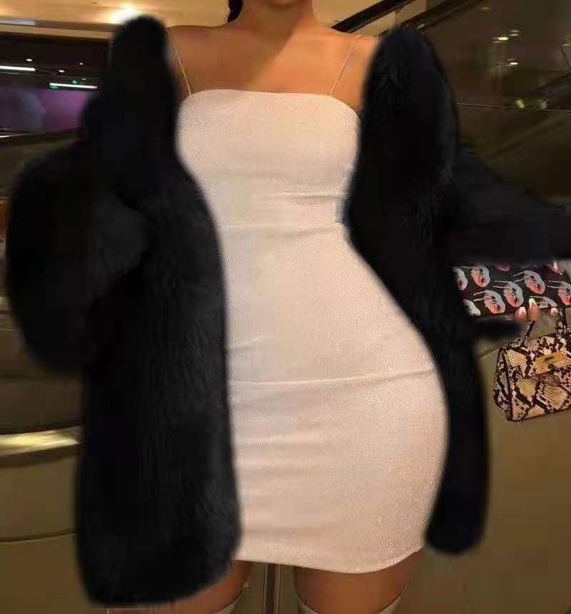 Manteau en fourrure pour femme, imitation fourrure de renard, col rond, mi-long, manches longues, grande taille, noir_voghion.com