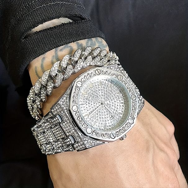 Männer Auer mat Stolarmband Quarz mat groussem Zifferblat, kënschtlechen Diamanten, automatesche Kalenner, Business, einfach a modern,_voghion.com