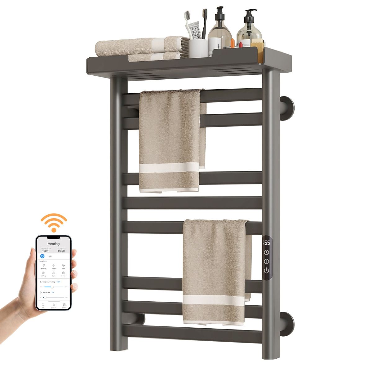 SIOYIE Heated Towel Rack With Shelf And Wi-Fi App Control, 8 Bars Electric Wall Mounted Towel Warmer With Timer & Adjustable Temperature, Low Carbon Steel, Plug-in/Hardwired, Gray_voghion.com