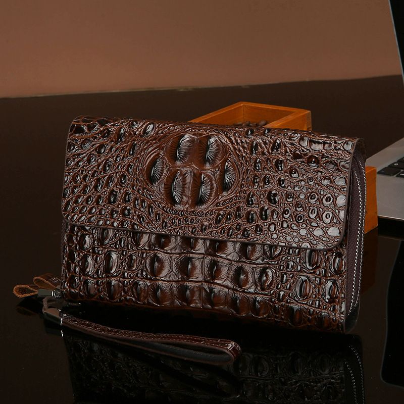 Geantă de mână pentru bărbați, cu imprimeu de crocodil, geantă de mână cu fermoar dublu, geantă de telefon mobil cu strat dublu, geantă pentru carduri_voghion.com