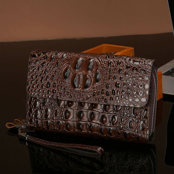 Geantă de mână pentru bărbați, cu imprimeu de crocodil, geantă de mână cu fermoar dublu, geantă de telefon mobil cu strat dublu, geantă pentru carduri_voghion.com