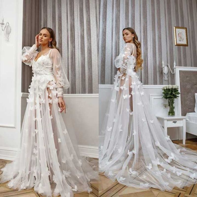 Damen Dreidimensionale Spitze Schmetterling Mesh Hohe Taille Langarm Wischen V-Ausschnitt Hochzeitskleid Brautjungfer Laufsteg Langer Rock_voghion.com
