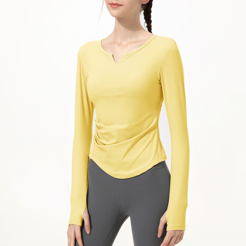 Women's Clothing Yoga Clothes Long Sleeves With Chest Pad V Neck Nude Sports Running Fitness Tops T Shirt_voghion.com
