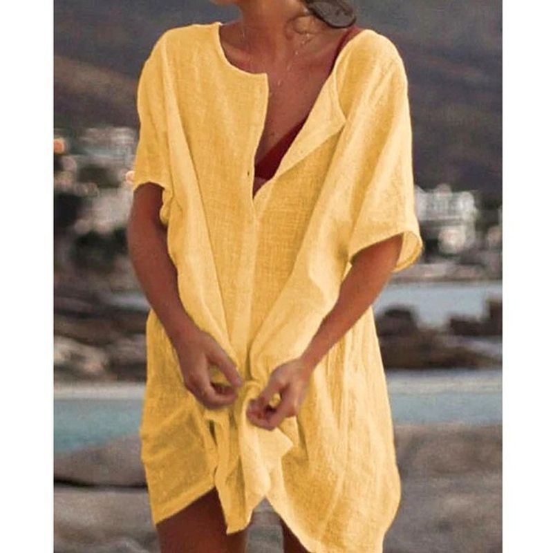 Women's Clothing Shirts Multi Color Multi Size Medium Long Loose Solid Color Short Sleeved Shirts_voghion.com