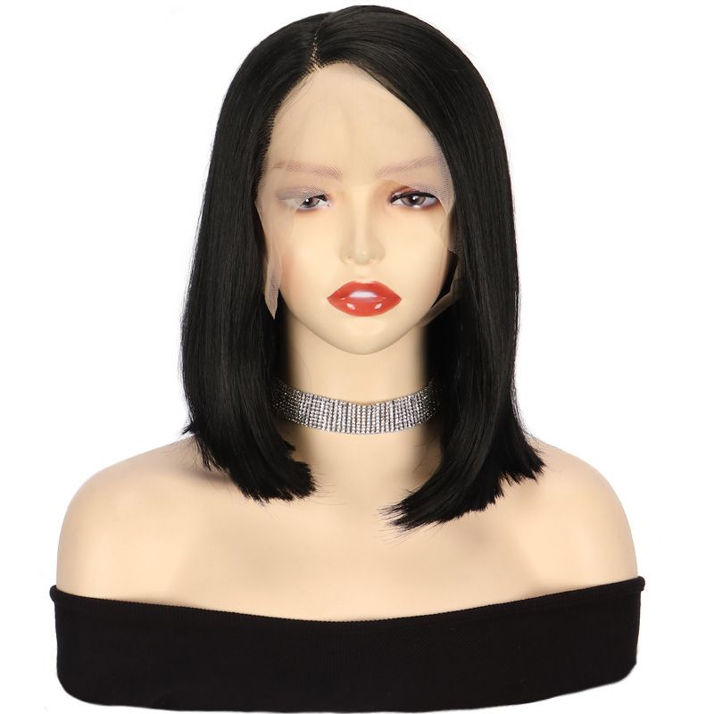 Pelucas sintéticas con clip, encaje frontal, cabeza completa, negras, con raya lateral, cabello corto y liso, peluca Xuchang con alambre de alta temperatura_voghion.com