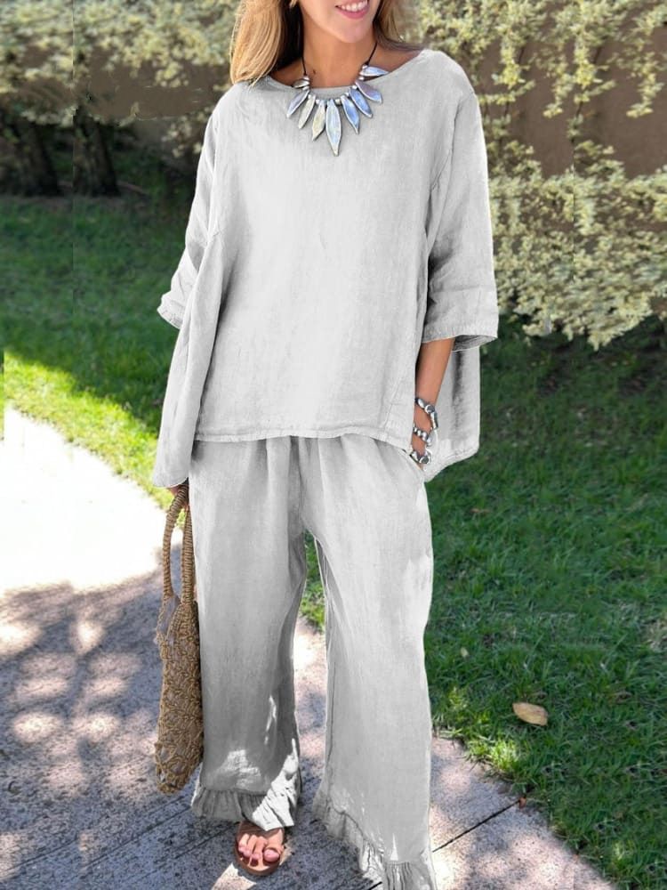 Women's new cotton and linen suits Women's fashion solid color loose casual trousers two-piece suit_voghion.com