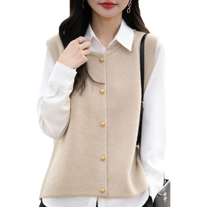 Spring And Autumn New Women's Fine Wool Knitted Vest Round Neck Cardigan Sleeveless Sweater Coat Wholesale_voghion.com