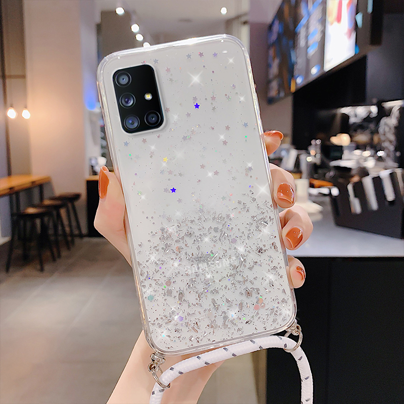 Λουράκι λαιμού Clear Glitter Θήκη για Samsung Galaxy A51 A71 S20 FE S23 S22 S21 Ultra S10 Plus A12 A13 A73 A32 A54 A53 5G A52 A72_voghion.com