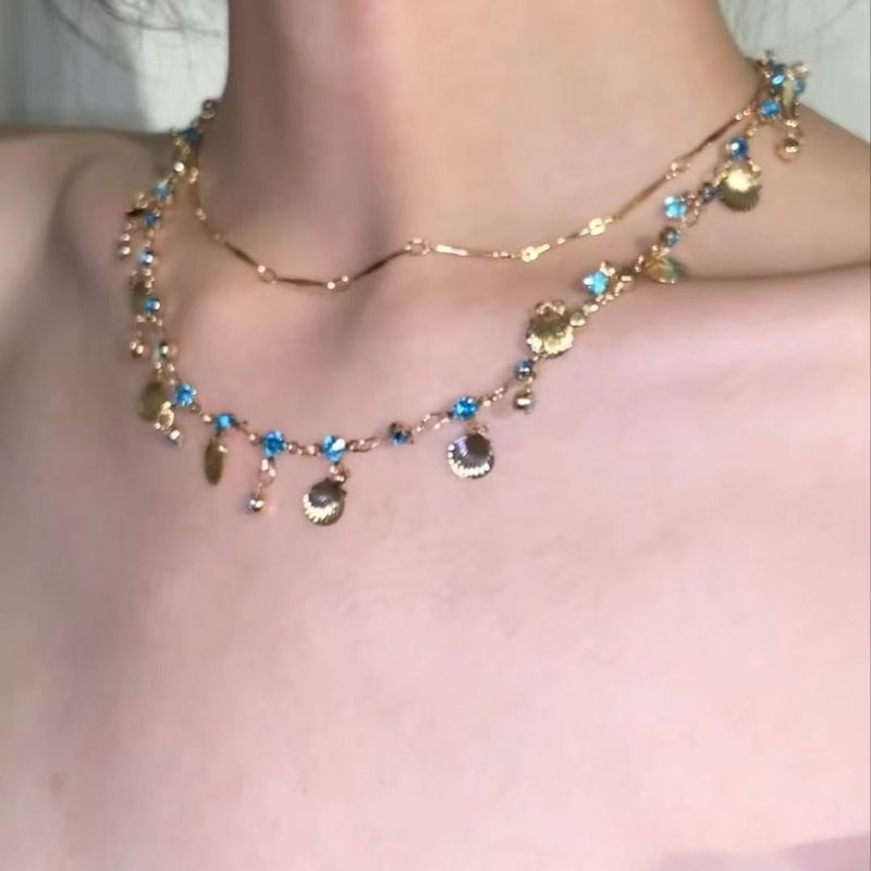 Blue Shell Necklace Female Choker Double Layer Stacked Wearing High-end Niche Exquisite Collarbone Chain_voghion.com