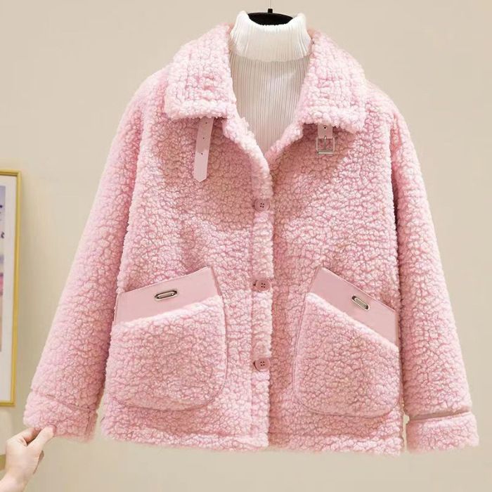 Kurze, mit Fleece gefütterte Damenjacke mit winddichtem und warmem Plüschfell, Wintermantel im koreanischen Stil (Beige, Kaffeebraun, Rosa, Aprikose) – S-XXXL_voghion.com