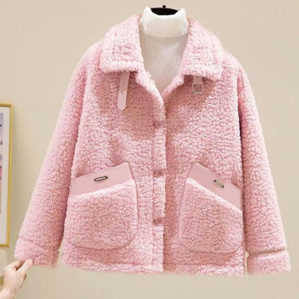 Kurze, mit Fleece gefütterte Damenjacke mit winddichtem und warmem Plüschfell, Wintermantel im koreanischen Stil (Beige, Kaffeebraun, Rosa, Aprikose) – S-XXXL_voghion.com