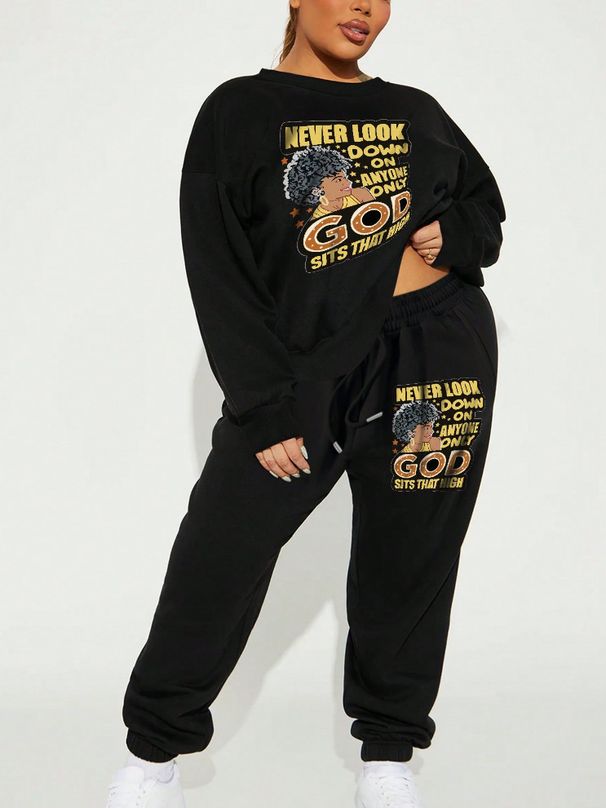 Plus Size Women's Fashionable All-match Round Neck Sweater Set Letters Cartoon Characters Printed_voghion.com