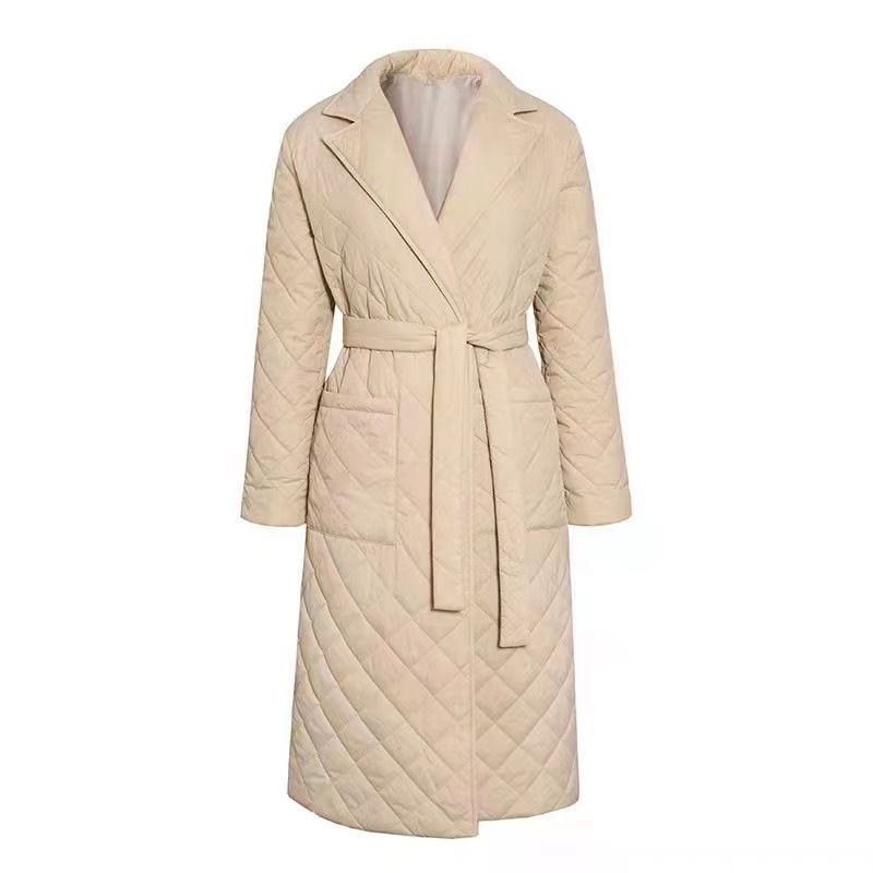 Vêtements pour femmes automne et hiver nouvelle mode manteau en coton à revers mi-long sur le genou ceinture mince manteau à motif de diamant_voghion.com