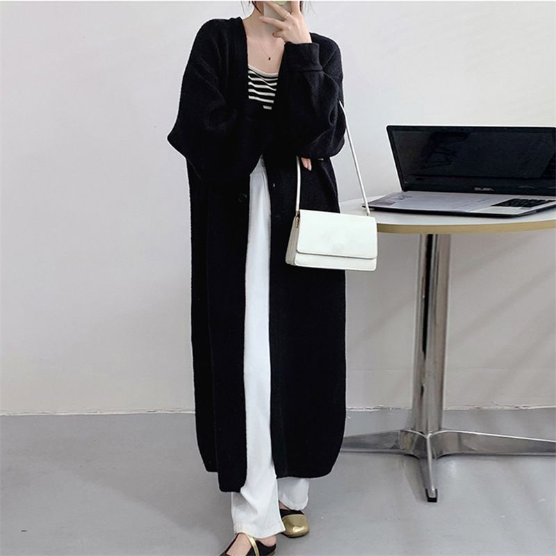 Autumn winter new gentle soft sticky knitted cardigan women's solid color lazy style loose and slimming mid length over_voghion.com