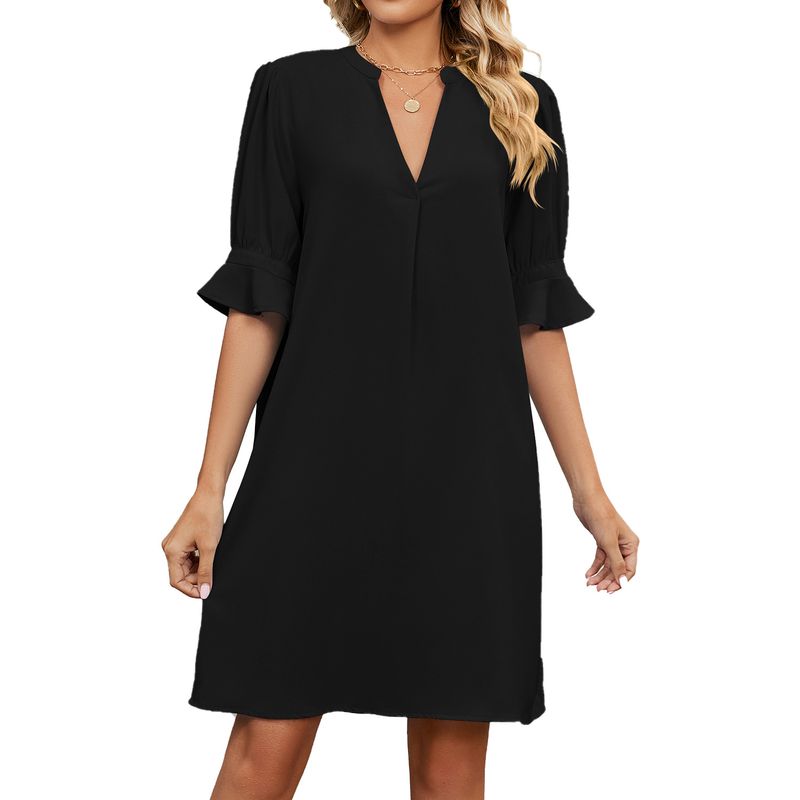 Women's Clothing Solid V Neck Loose Pleated 5/4 Sleeve Dress_voghion.com