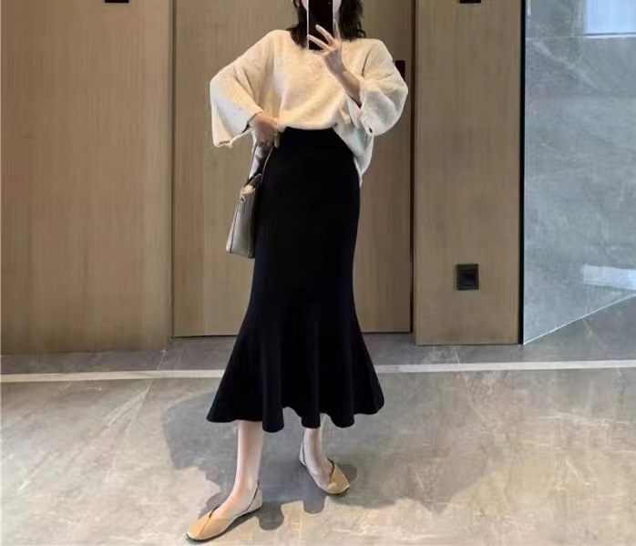 Gonna a sirena di media lunghezza in maglia coreana per donna autunno inverno nuovo stile linea A vita alta tinta unita fianchi aderenti_voghion.com