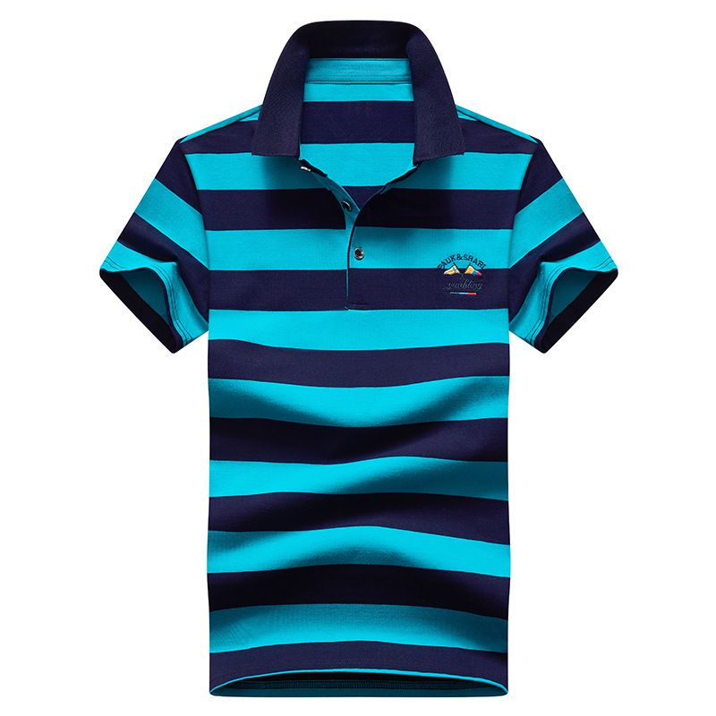 Men's Clothing Summer new men's mercerized cotton short-sleeved T-shirt, young and middle-aged lapel striped slim British T-shirt men's short-sleeved_voghion.com