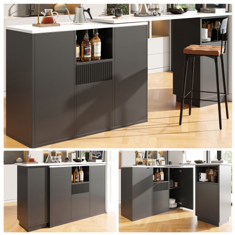 Um 360° Drehbarer Bartisch (Hauptkörper 198,5 X 30 X 75 Cm), Modernes Und Schlichtes Schwarzes Design, Mit Offenem Stauraum Und Marmor-Arbeitsplatte, Multifunktionale Aufbewahrungsinsel, Geeignet Für_voghion.com