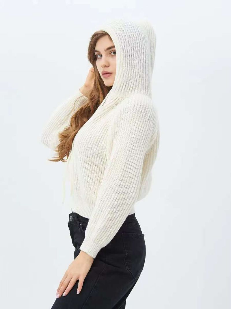 Cardigan curto de malha com zíper, mais vendido, casual, suéter com capuz macio e encerado para mulheres_voghion.com