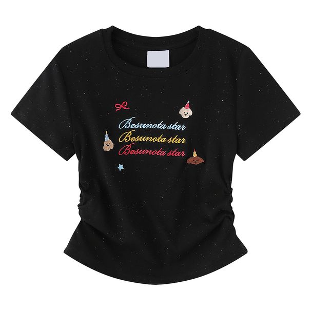 Maglietta da donna con spalle regolari e maniche a sbuffo in stile coreano Cuwu, con ricami di lettere e animali._voghion.com