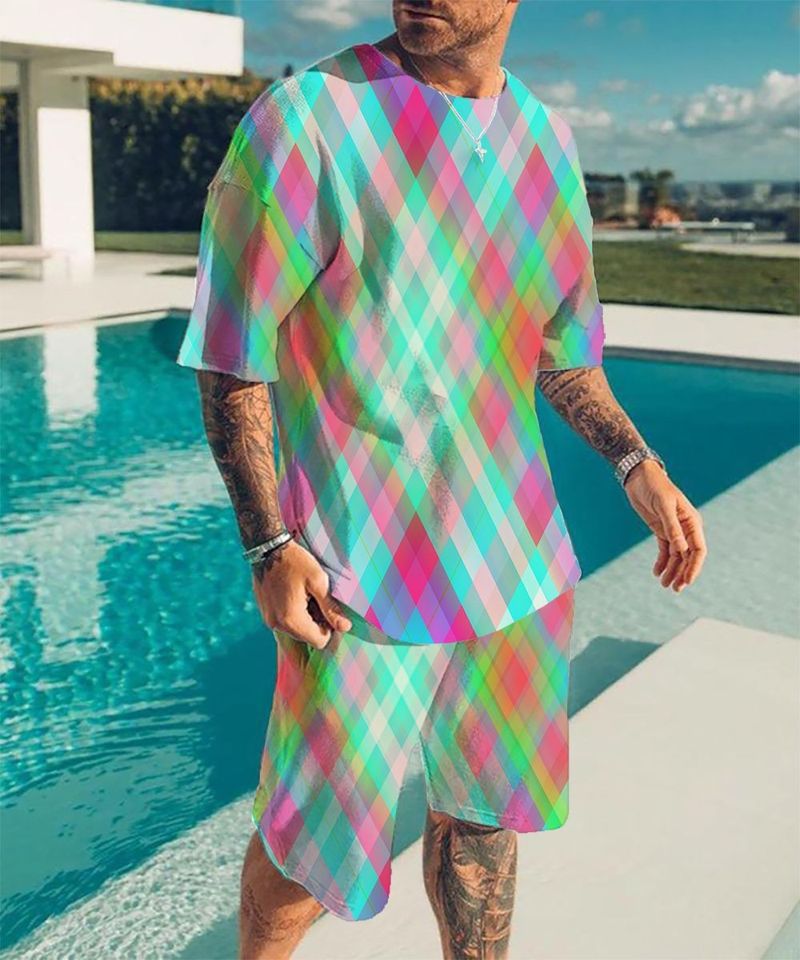3D Printed Brand New Beach Style Plus Size Trendy Color Shorts Set Summer T-shirt Men 2024 Casual_voghion.com