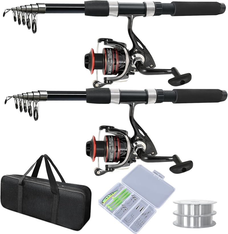 Ensemble de 2 cannes à pêche avec canne télescopique, moulinet à lancer, sac de transport pour la pêche, adapté aux voyages en eau salée et_voghion.com