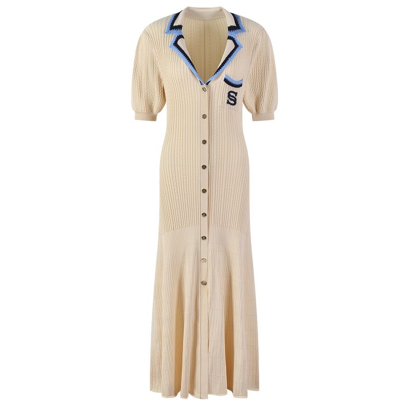 Robe en tricot à manches bouffantes et col en V pour femme_voghion.com