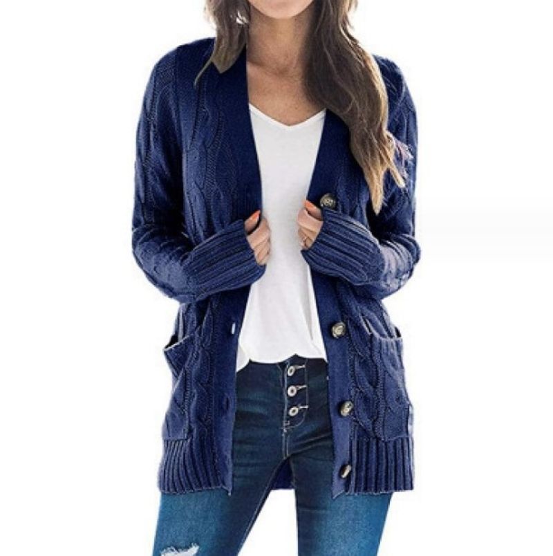 Elegant V-Neck Cardigan Sweater For Women - Soft Knit Open Front Long Sleeve Coat With 3D Embossed Pattern, Loose Fit, Polyester Blend_voghion.com