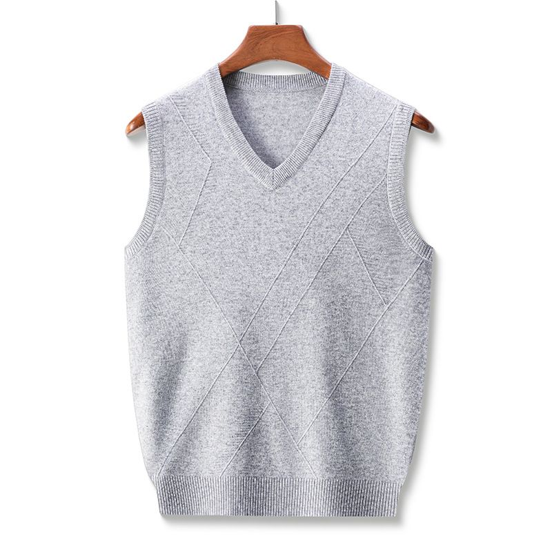 Ärmellose, einfarbige Strickweste für Herren für Männer mittleren Alters, V-Ausschnitt, verdickter Pullover, Strickweste für Väter_voghion.com