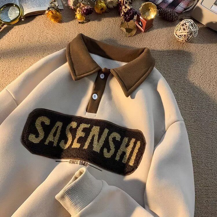 Polo Collar Sweatshirt For Men, Retro And Heavyweight College Style Embroidered Top, Loose And Plush Lapel Jacket_voghion.com