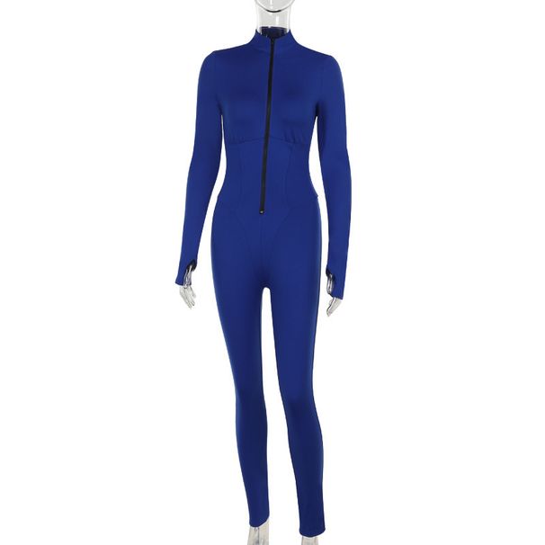 Tuta aderente a vita alta con maniche lunghe - Completo intero comodo ed elegante per donna (blu, S/M/L)_voghion.com