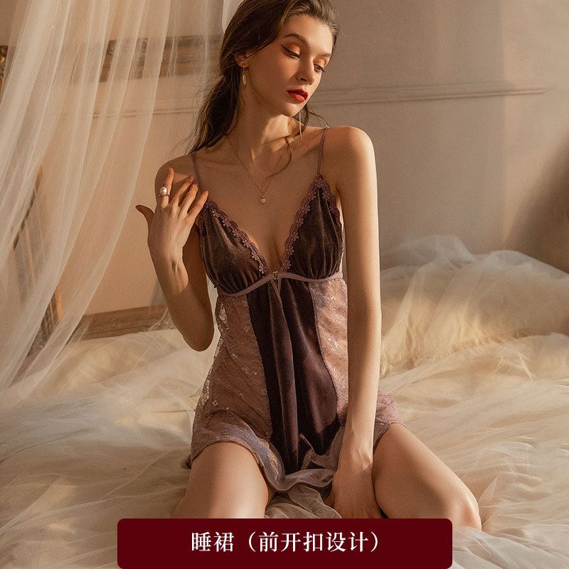 Sexy front buttoned suspender nightdress for women autumn and winter lace slightly transparent gold velvet pajamas high end beauty back nightgown suit_voghion.com