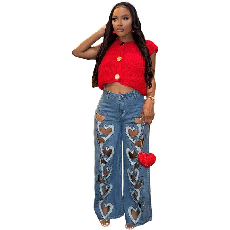 Women's Clothing Elastic Personality Jeans New Hollow Embroidery Love Straight Trousers_voghion.com