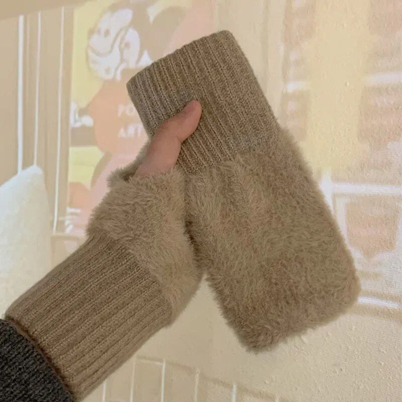 Mink Fleece Soft Winter Half Finer Women Warm Solid White Plush Knitted Finerless Gloves Wrist Mittens_voghion.com