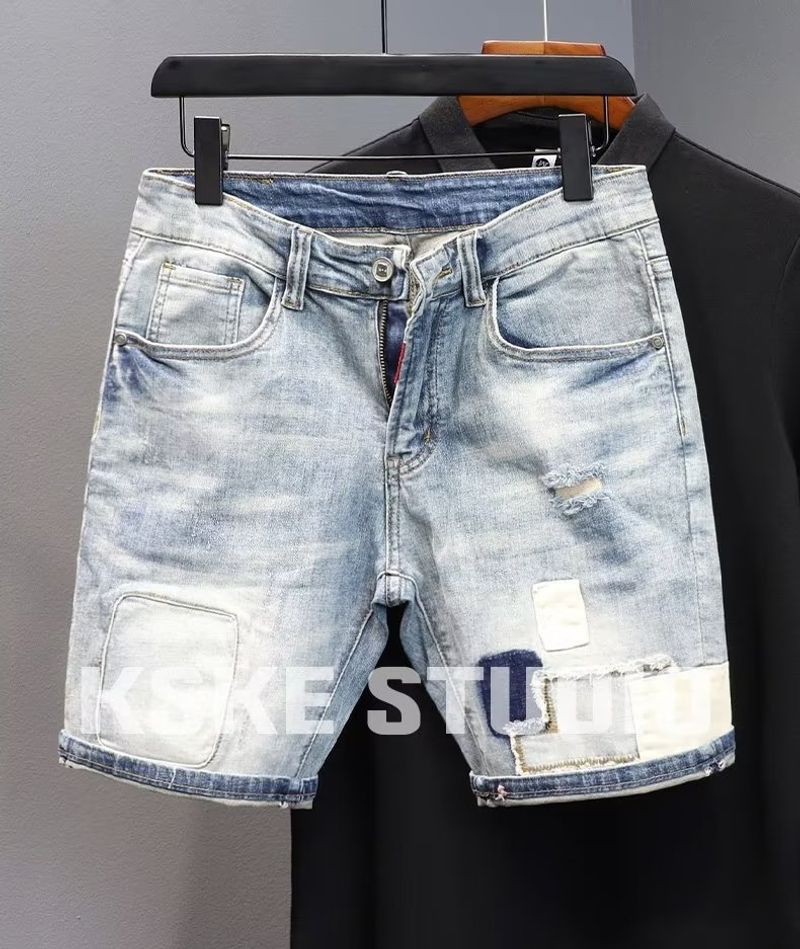 Herrenbekleidung Retro Washed Hole Loose Denim Shorts Herren Trendy Marke Alte elastische Slim Fit Shorts Bettlerhose_voghion.com