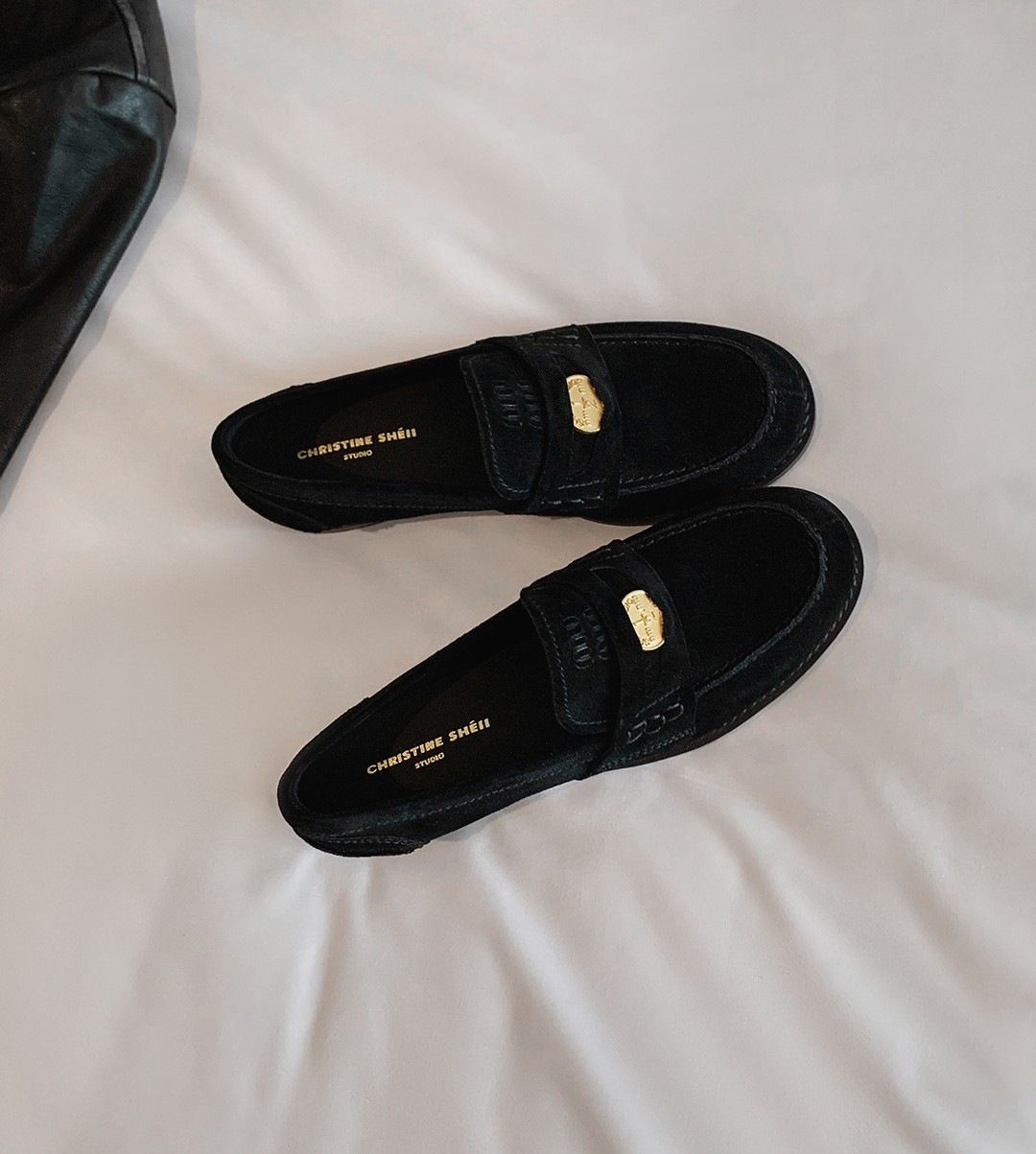 Scarpe Su Yinyin~ Mocassini con tacco spesso in pelle scamosciata di cavallo con monete del marchio Ah Miu, scarpe da donna in pelle piccola_voghion.com